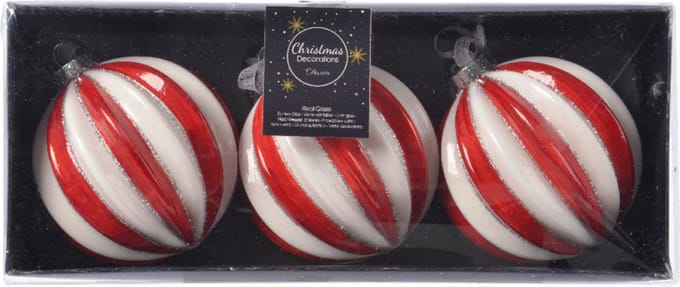 Decoris Luxe kerstballen - 3x - rood/wit gestreept - D8 cm - glas - glitter - brass - Kerstversiering/kerstboomversiering