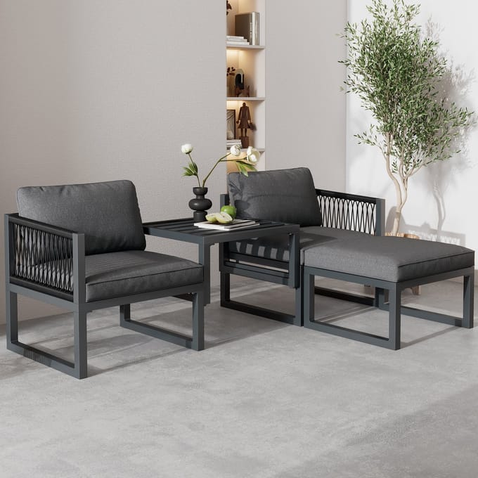 Tuinlounge-Set - 2-zits + 2 Poefs + Verstelbare Combinaties - Binnen en Buiten - Grijs