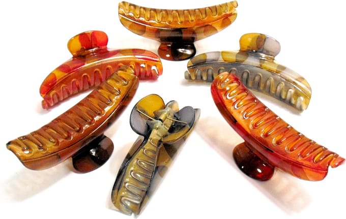 6 grote haarklemmen 12 cm gemeleerd mix 2x rood / 2x grijs / 2x bruin