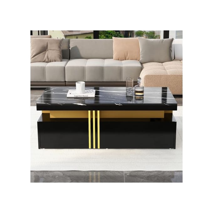 Table basse moderne - MUVOE - Rectangulaire - 2 tiroirs en bois - Plateau en marbre - Brillant