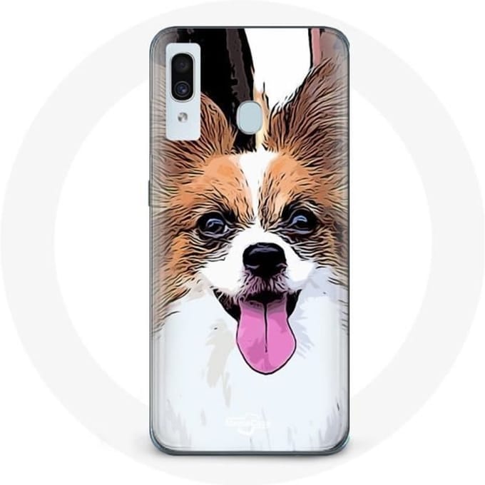 Coque pour Samsung Galaxy A20 Épagneul nain continental papillon Chiot Blanc et marron