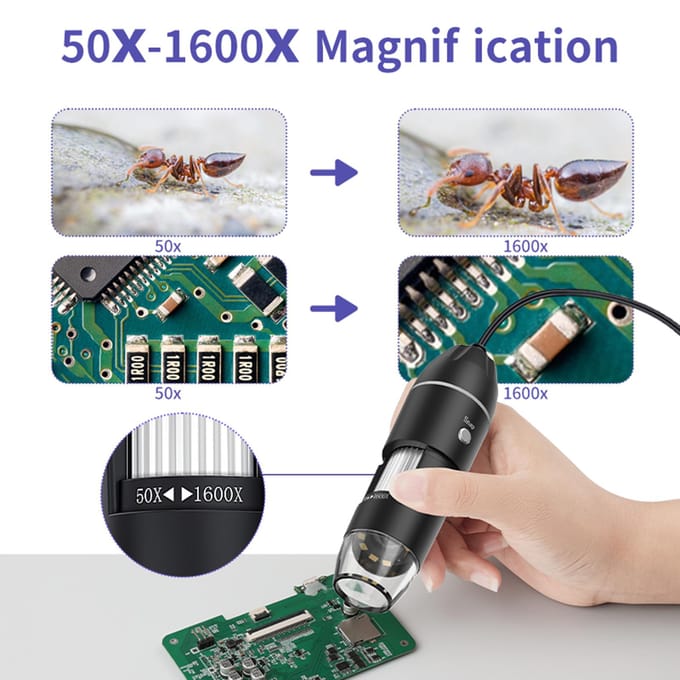 USB Digitale Microscoop Handheld Inspectiecamera 50X-1600X Vergroting met Verstelbare Standaard LED zwart