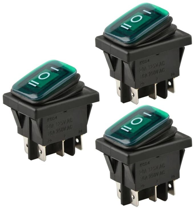 Allecto - Rocker Switch - 3-Pack 12V 20A - Waterproof DPDT Schakelaar - Groene LED Indicator - Schakelcomponenten - Geschikt voor Elektronische App...