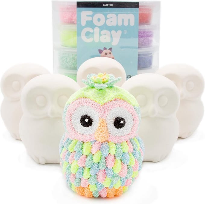 Knutselpakket 6 Spaarpot Uiltjes versieren - Kinderfeestje - Foam Clay
