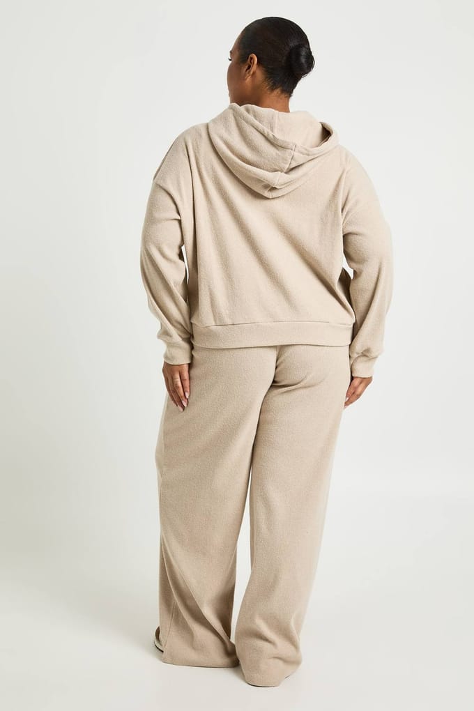 boohoo Dames Plus Gebreide Rib Jogger met Wijde Pijp | Steen | Maat: 48