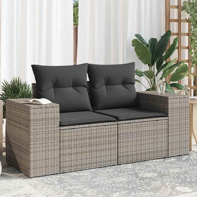 vidaXL - Tuinbank - 2-zits - met - kussens - poly - rattan - grijs
