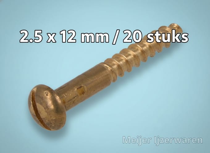 Messing Houtschroeven 2.5 x 12 mm – Bolkop – Sleufkop – Blanke Messing – 20 Stuks