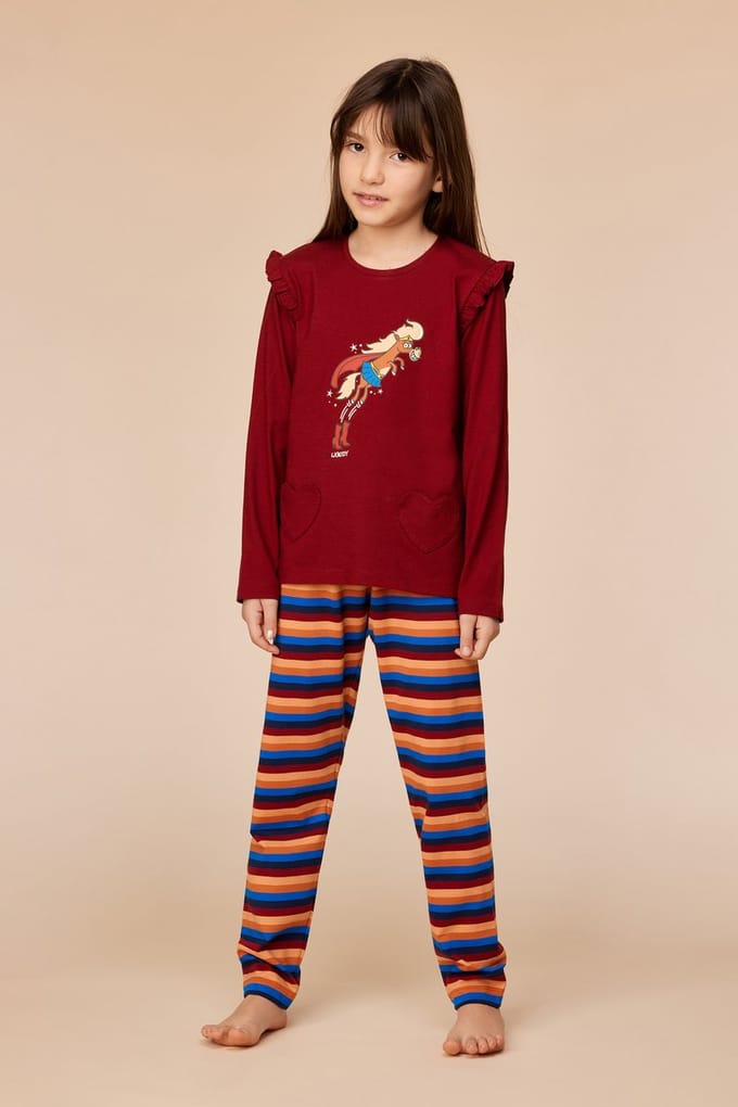 Woody - Meisjes/Dames Pyjama - Donkerrood Pony - 14 jaar