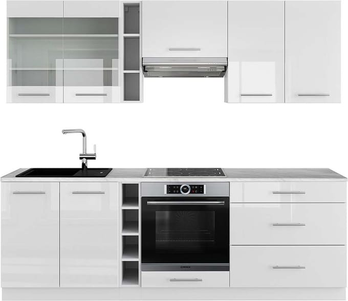 Vicco Fame-Line Complete keukeneenheid – 235 cm, WB Marmer Wit hoogglans/wit