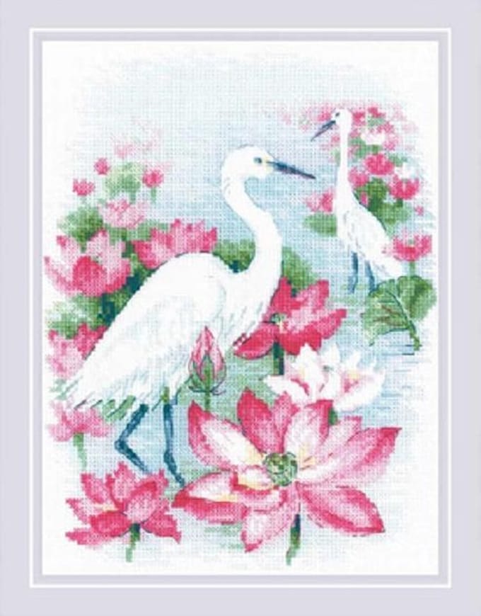 borduurpakket lotus veld met reigers