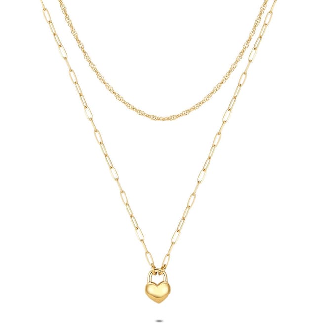 Twice As Nice Halsketting in goudkleurig edelstaal, dubbele ketting, hart 40cm+5cm