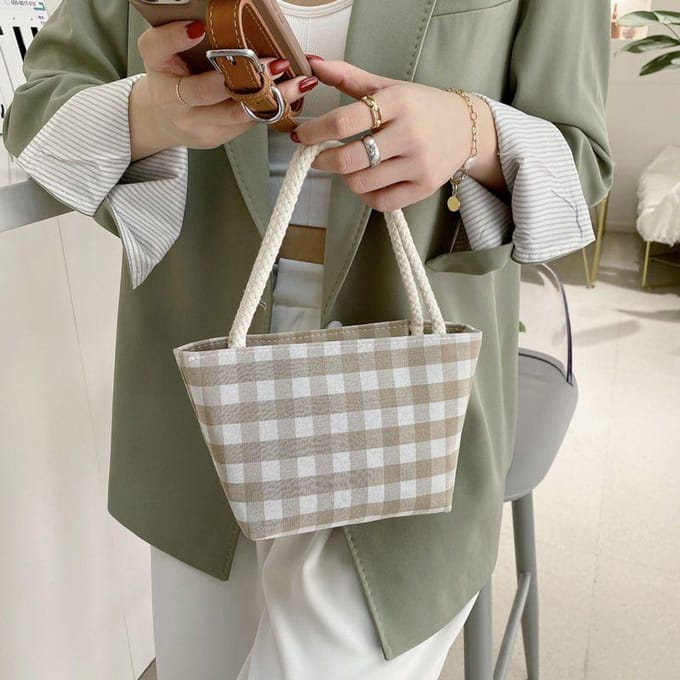 Dames Handtas Geruite Canvas Tas Werk School Lunchtas Draagbare Opbergdoek Tas 15*9*15cm kaki