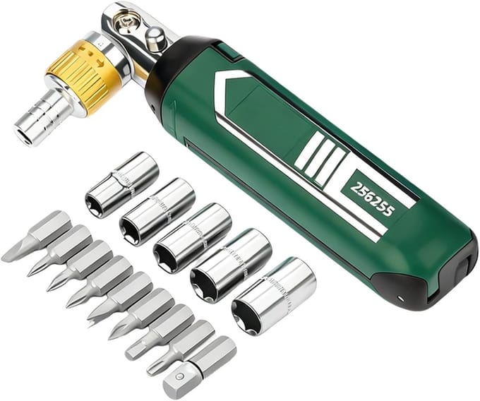 Ratelschroevendraaier Set - Verstelbare Schroevendraaier - Meubel Montage - 180 Graden Draaibaar - 14 Bits Inclusief - Legergroen