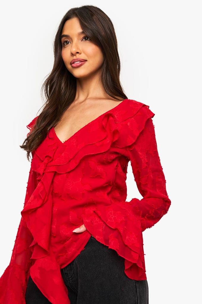 boohoo Dames Bloouse met bloemenstructuur en ruches | Red | Maat: 6