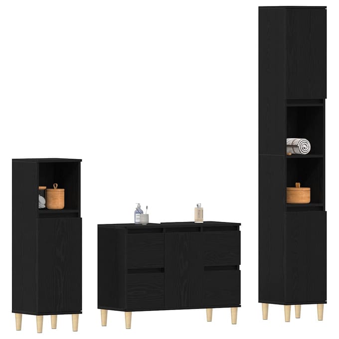 vidaXL - Badkamermeubel - Set - 3 - st - Zwart - Eiken - Samengesteld - Hout - en - Metaal