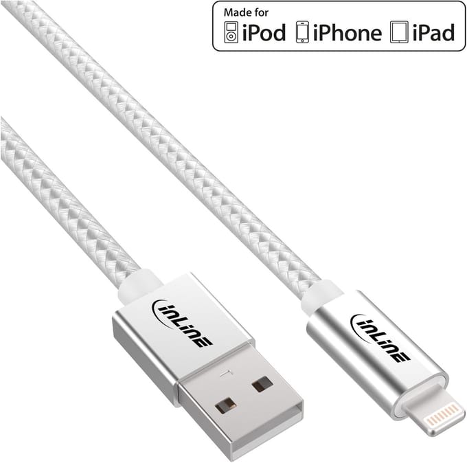 InLine® Lightning USB-kabel,voor iPad,iPhone,zilver/alum.1m MFi-gecertificeerd
