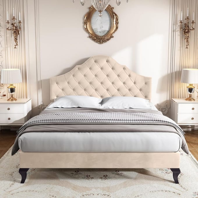 Gestoffeerd Bed - Boxspring Frame - Slaapkamer Inrichting - Verstelbaar Hoofdbord - 140x190 cm - Beige