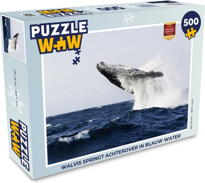 Puzzel Walvis springt achterover in blauw water - Legpuzzel - Puzzel 500 stukjes