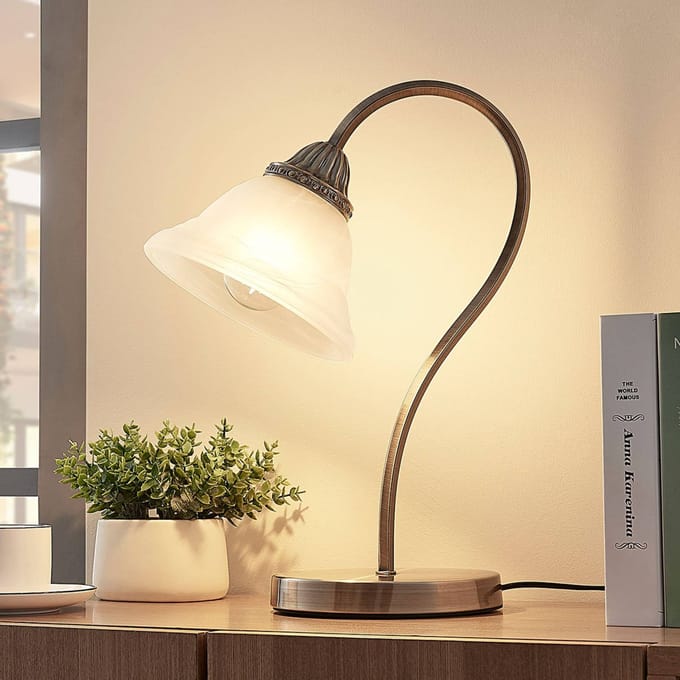Lindby - LED tafellamp - 1licht - Glas, metaal - H: 42 cm - E27 - wit albast, antiek messing