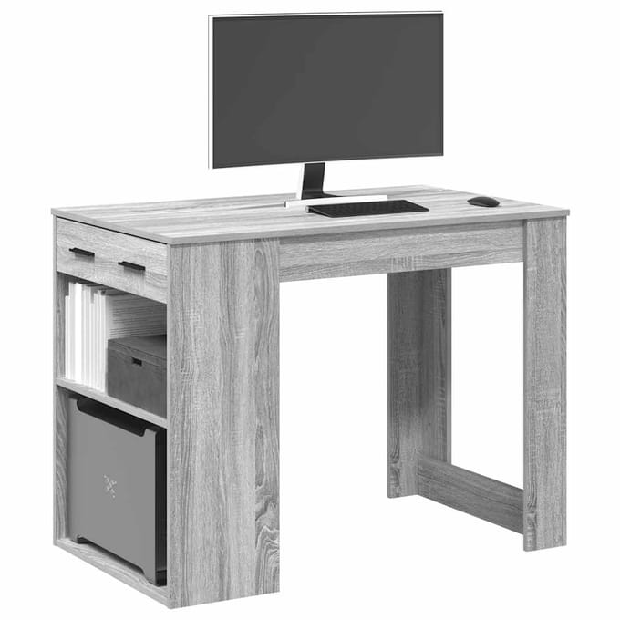 vidaXL - Bureau - met - lade&plank - 102x62x77,5 - cm - bewerkt - hout - grijs - sonoma