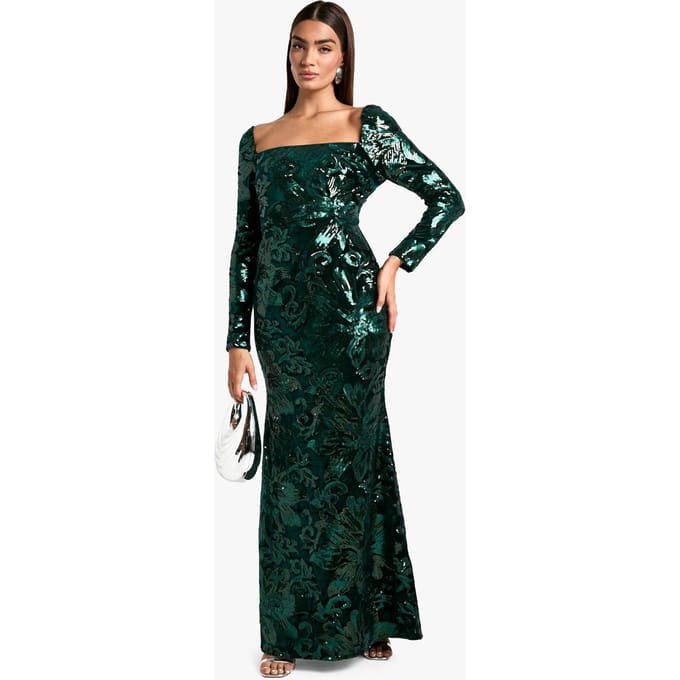 boohoo Dames Square Neck Demask Sequin Maxi Dress | Smaragdgroen | Maat: 36