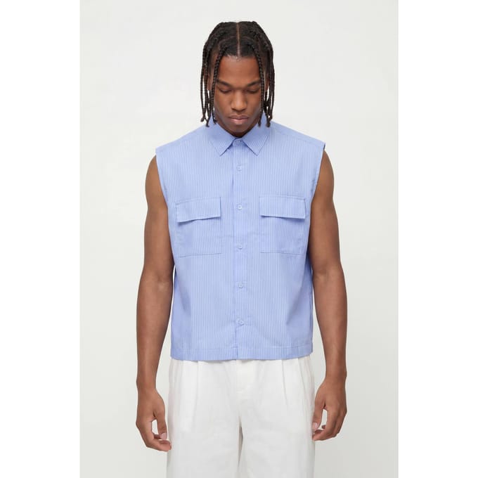 Oversized Boxy Gestreept Mouwloos Shirt | Blue | Size Medium