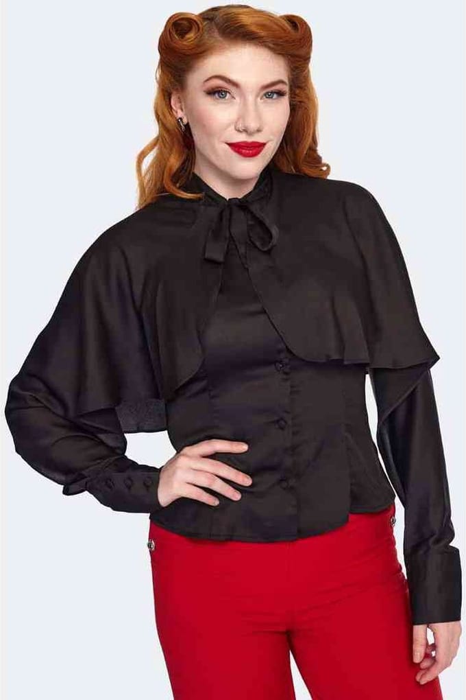 Voodoo Vixen - Cape Sleeve Tie Neck Blouse - M - Zwart