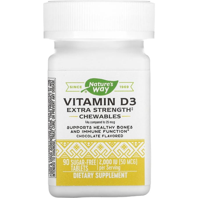Nature's Way, Vitamine D3, Extra Sterk, Chocoladesmaak, 50 mcg (2000 IE), Suikervrij, 90 tabletten