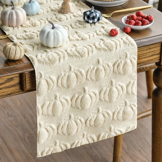 Tafelloper - Pluche Jacquard met Herfst Pompoenen - Beige 33x303 cm