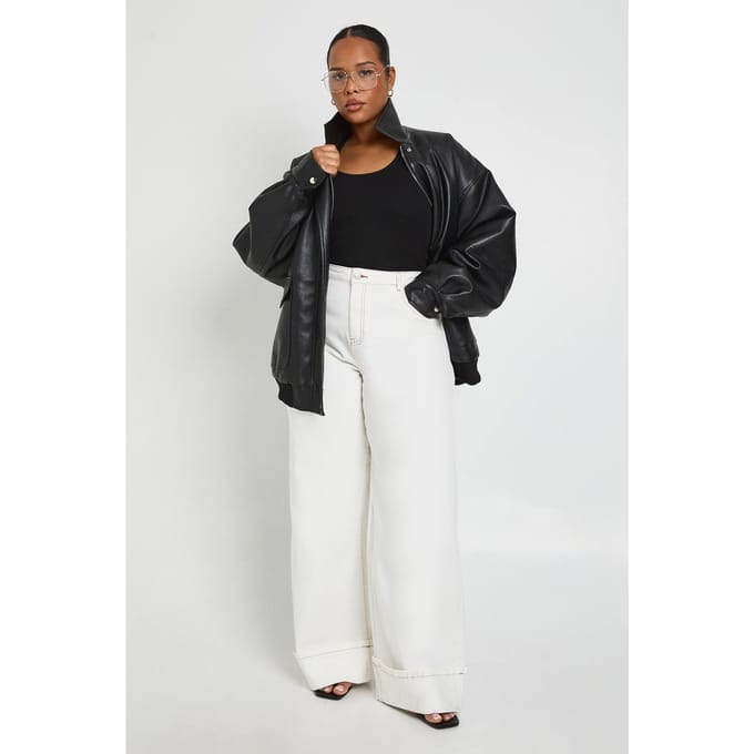 boohoo Dames Plus Omgeslagen Hoge Taille Wijde Pijpen Jeans | Ecru | Maat: 28