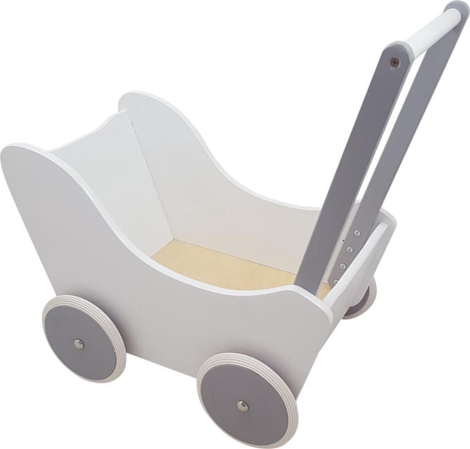 Houten poppenwagen wit zilver met dekje