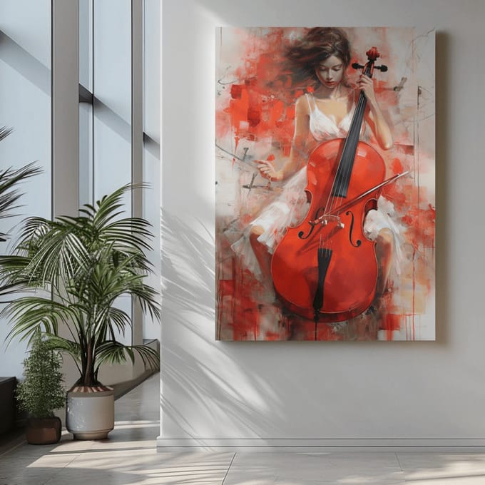 Canvas Schilderij - Vrouw - Cello - Muziekinstrument - Kunst - 90x60x2 cm