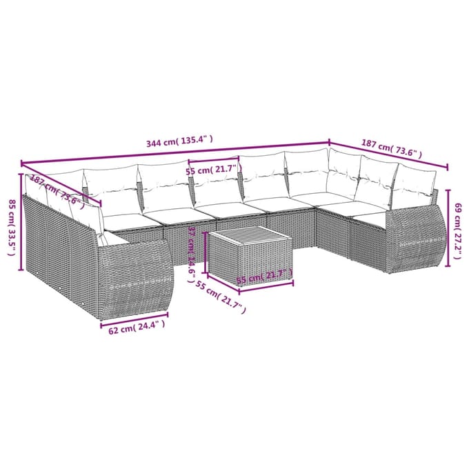 vidaXL - 11-delige - Loungeset - met - kussens - poly - rattan - grijs