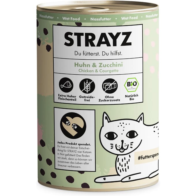6x 400g STRAYZ Bio Kip & Biologische Courgette Nat Kattenvoer