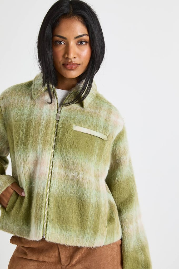 boohoo Dames Wool Look Check Jas | Green | Maat: 10