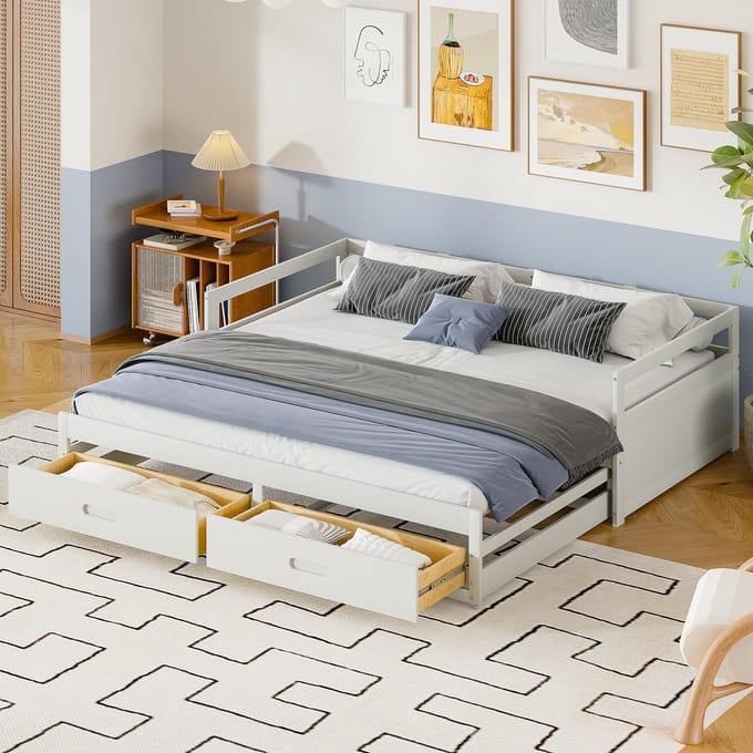 REDOM Bedframe 90x200 cm – Grenenhout wit – Uitschuifbaar met 2 lades – Multifunctioneel