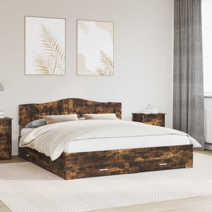 vidaXL - Bedframe - met - lade - Rook - Eiken - 200 - x - 200 - cm - Bewerkt - hout