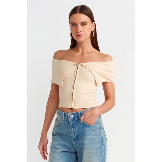 Vrouwen Off-shoulder Crop T-shirt met Rits