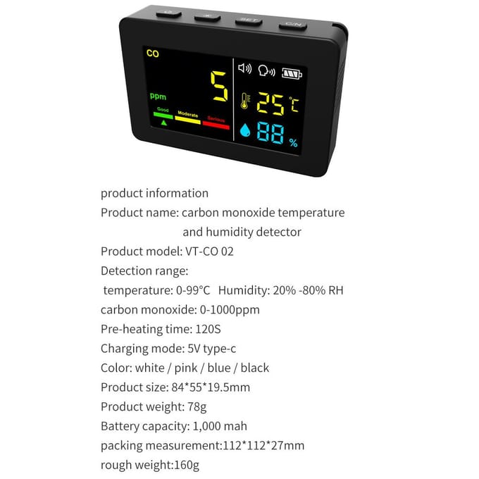Draagbare Luchtkwaliteitsmeter 3in1 CO Temperatuur- en Vochtigheidsmeter Kleurenscherm Koolmonoxide zwart