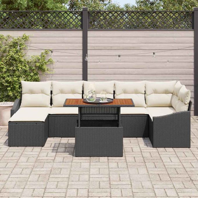 vidaXL Tuin Eettafel Set met kussen 8 pcs Zwart en Crème