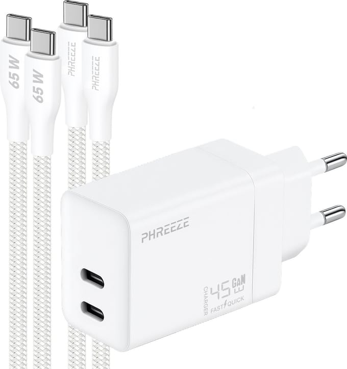 Phreeze dubbele usb C adapter - Met usb C naar usb C kabels - Complete 1m snellader set voor smartphone en tablet