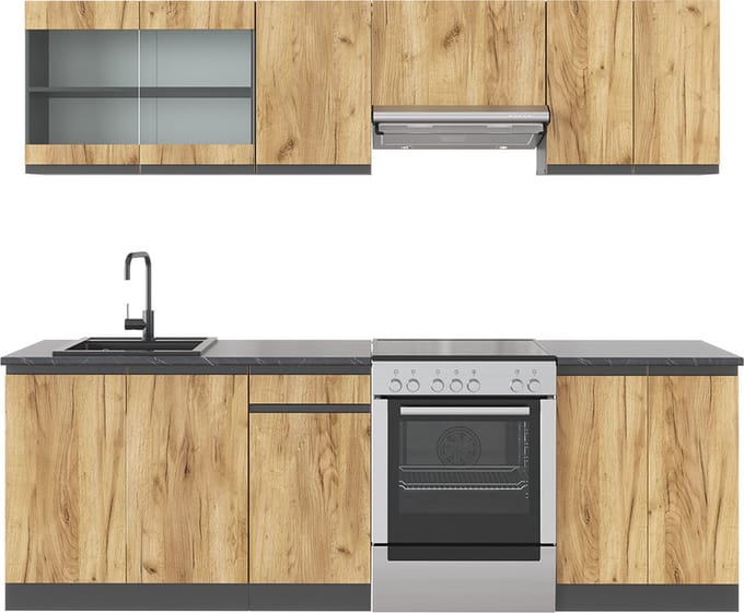 Vicco Complete keukeneenheid R-Line, Goudkleurig Eiken/Antraciet, 240 cm J-Shape