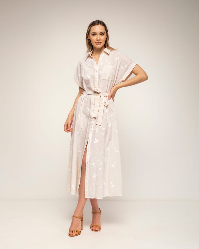 Gestreepte midi-blousejurk met borduursels en een riem