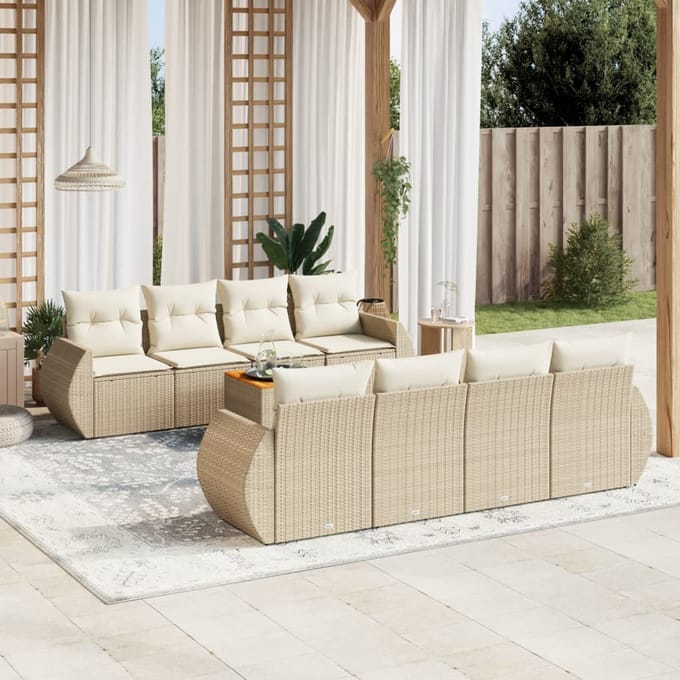 vidaXL - 9-delige - Loungeset - met - kussens - poly - rattan - beige
