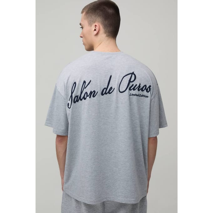 Salon De Paris Embroidered Oversized T-Shirt | Grey Marl | Size Medium