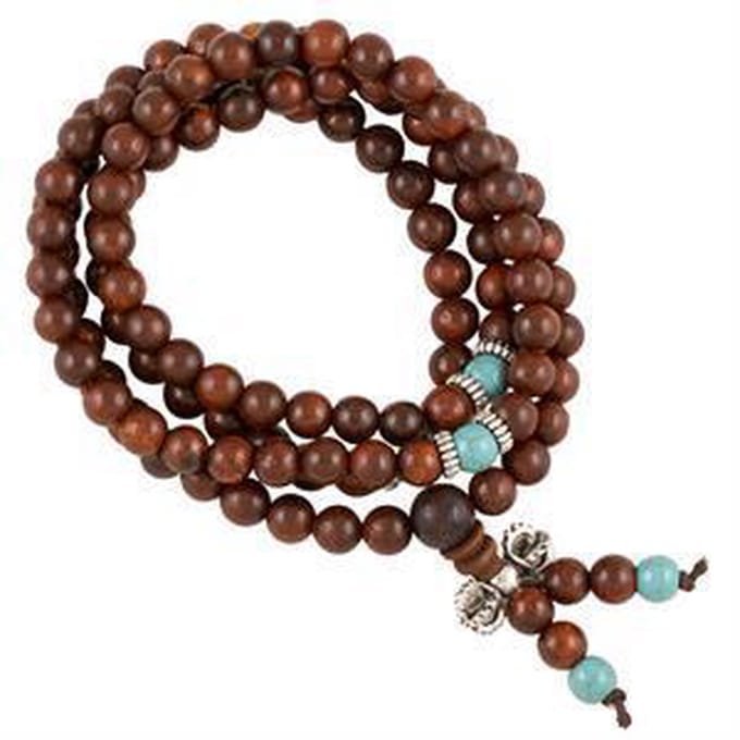 Mala hout met sierkralen en zilverkleur dorje