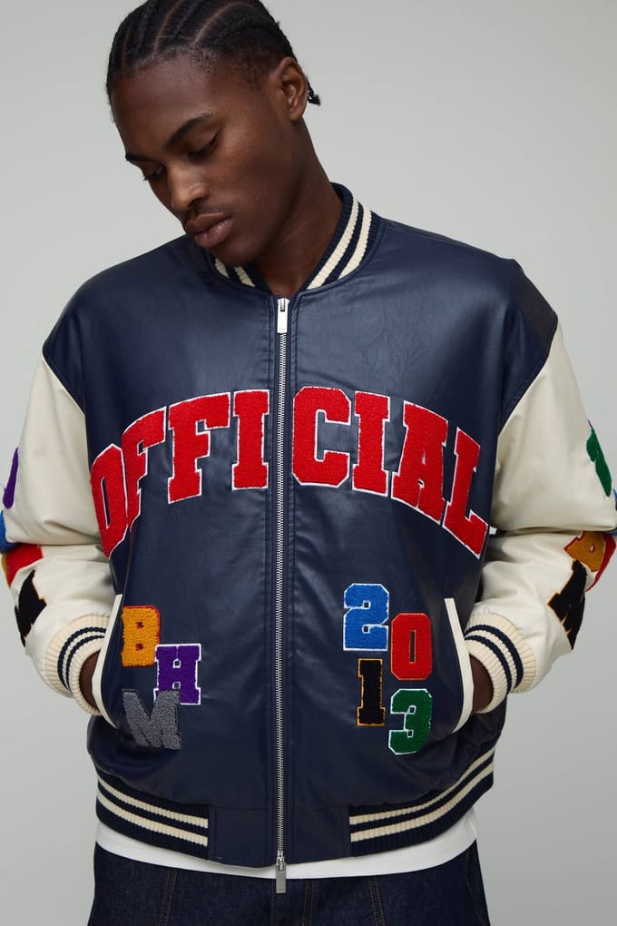Oversized Boxy Fit Letter Badge Officiële Applique PU Varsity Bomberjack | Navy | Size Medium