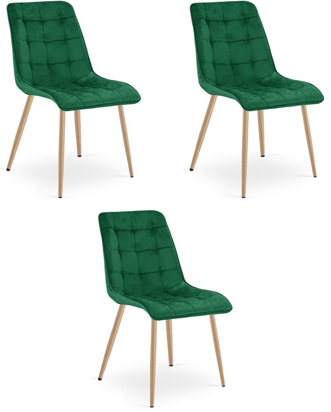 Set van 3 eetkamerstoelen SPLIT - Groen fluweel - Eikenlook poten - Modern design