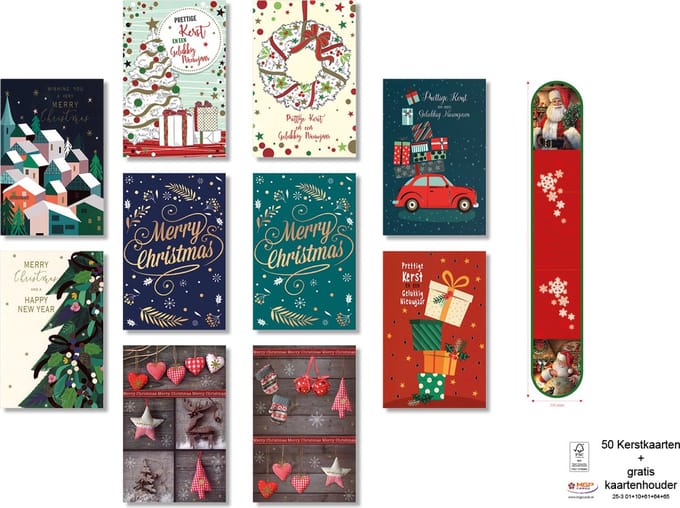 MGPcards - 50 Luxe dubbele Kerstkaarten & gratis Kaartenhouder - Foliedruk - Witte envelop - Kerst & Nieuwjaar - 10.5 x 16 cm