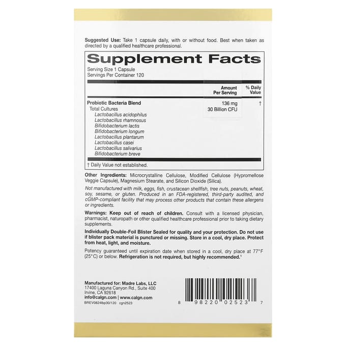 LactoBif® 30 Probiotiques, 30 Milliards d'UFC, 120 Capsules Végétales